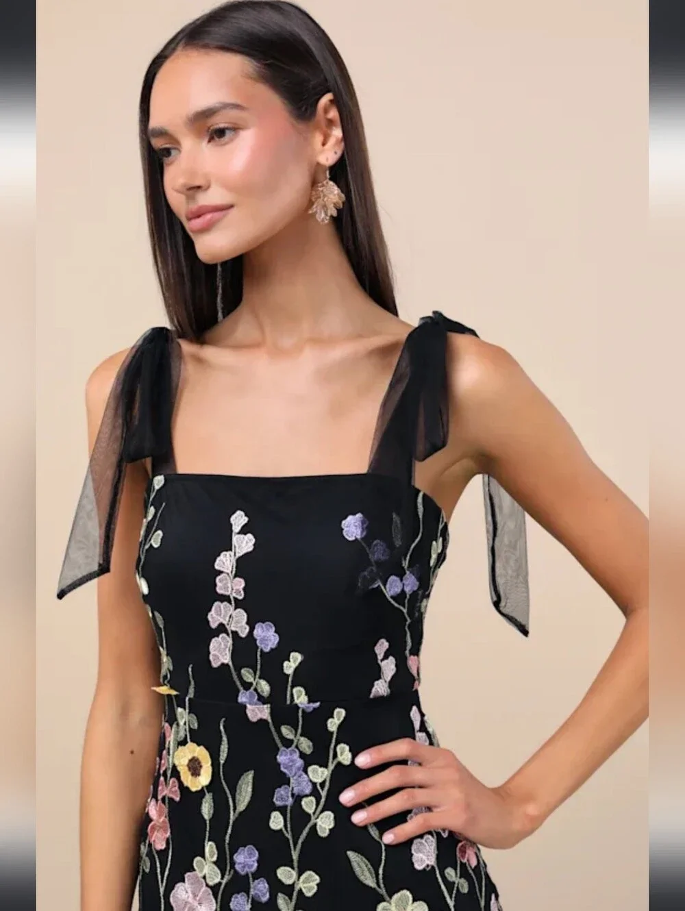 Lulus Thriving Poise Black 3D Floral Embroidered Tie-Strap Maxi Dress - Picture 11 of 16